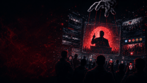 Dark, dystopian scene of a speaker at a podium bathed in red glow, with floating holographic screens and a crowd recording on smartphones behind him.