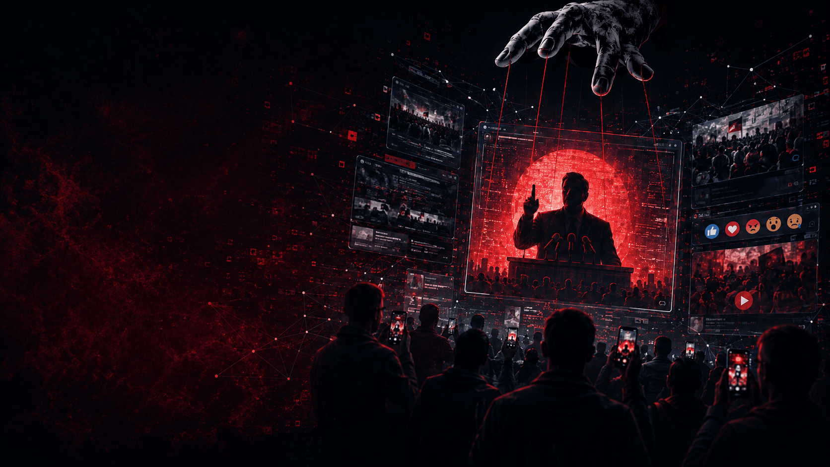 Dark, dystopian scene of a speaker at a podium bathed in red glow, with floating holographic screens and a crowd recording on smartphones behind him.