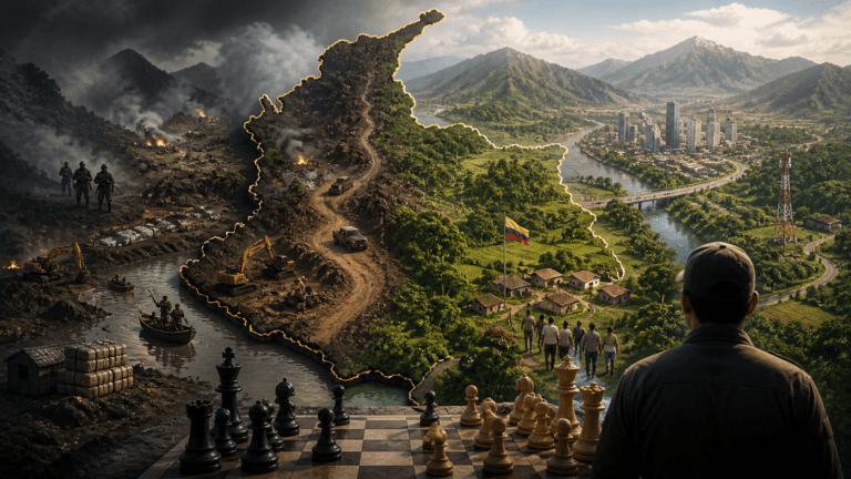 Man at a chessboard gazes toward a divided landscape: left shows a war-torn, smoky battlefield; right shows a lush river valley and city.