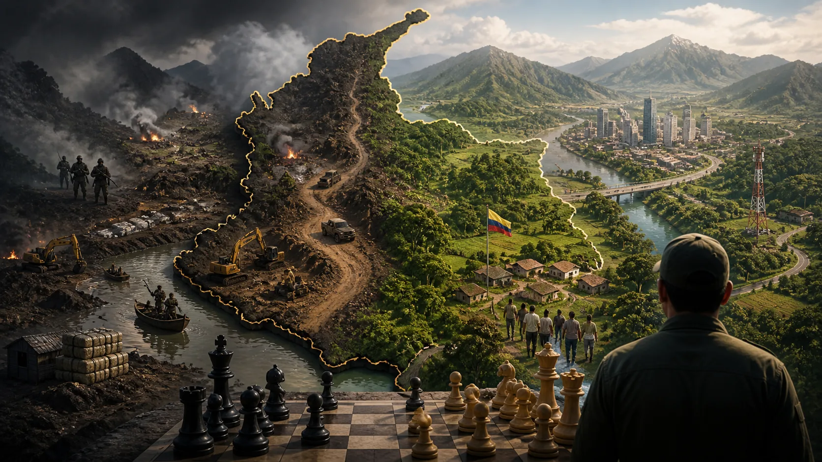 Man at a chessboard gazes toward a divided landscape: left shows a war-torn, smoky battlefield; right shows a lush river valley and city.
