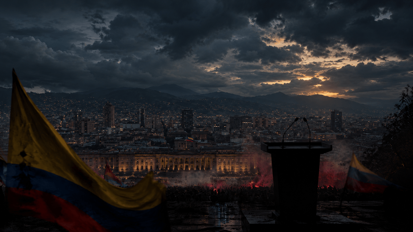 Dusk over a crowded Colombian city square with a large podium, smoke and red flares among protesters, flags in the foreground.