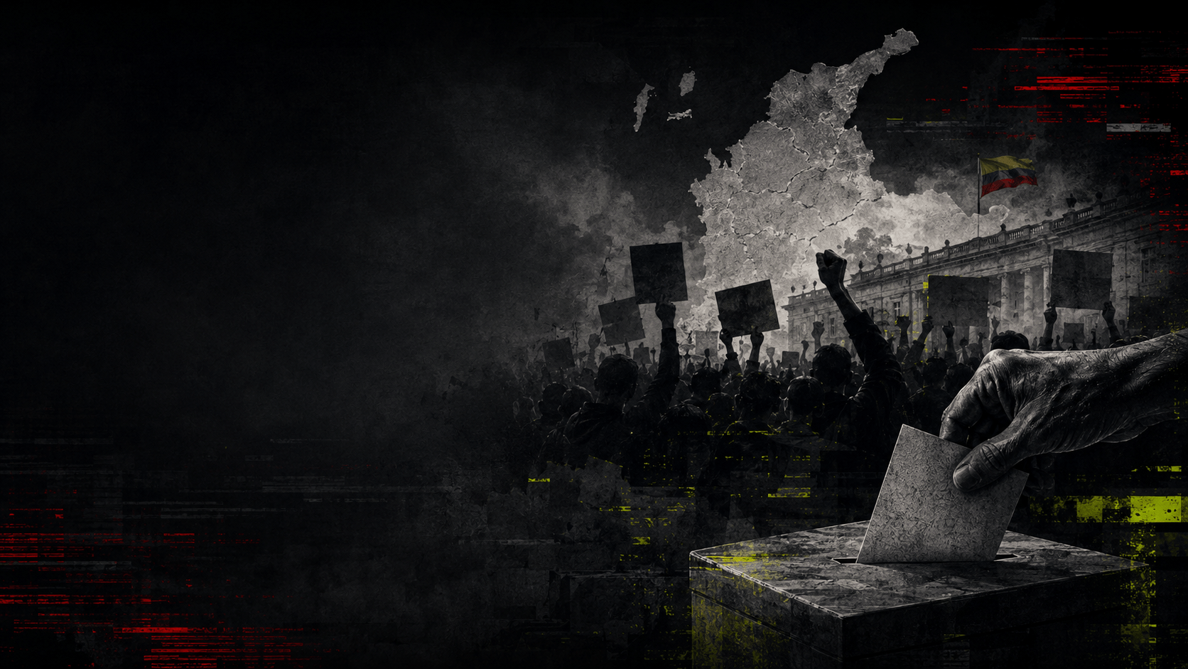 A grayscale crowd protest with raised signs as a hand drops a ballot into a ballot box in the foreground.
