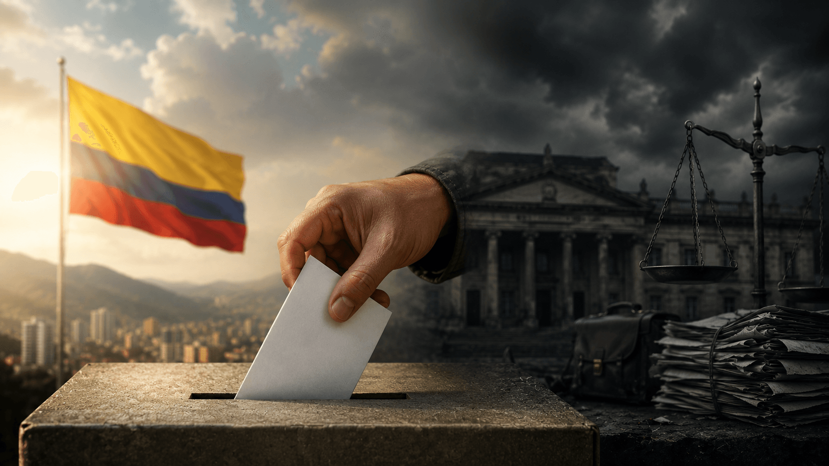 Hand dropping a ballot into a ballot box with the Colombian flag, courthouse backdrop, and scales of justice nearby.