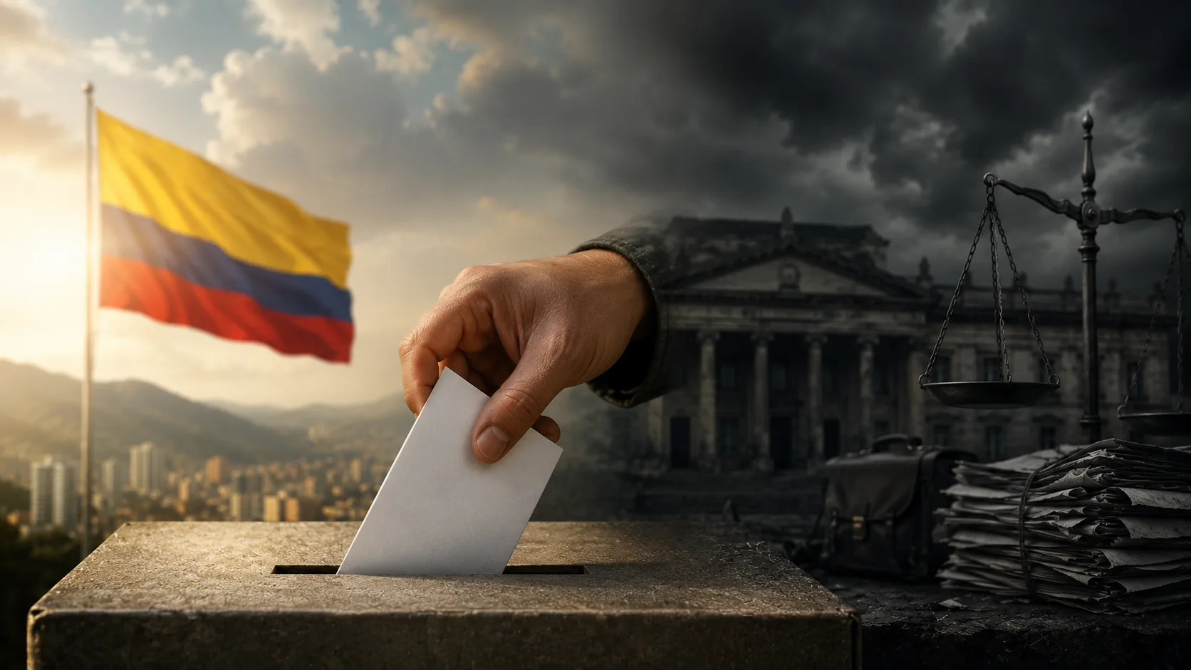 Hand dropping a ballot into a ballot box with the Colombian flag, courthouse backdrop, and scales of justice nearby.