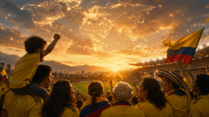 Cheering crowd in a stadium at sunset, with a Colombian flag raised as a glowing world map lights the sky behind them.