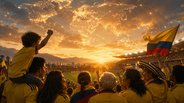 Cheering crowd in a stadium at sunset, with a Colombian flag raised as a glowing world map lights the sky behind them.