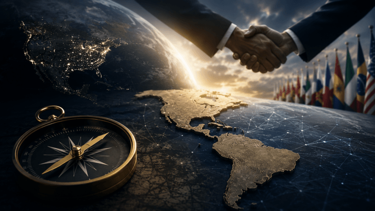 Handshake over a golden map of the Americas, with a compass in the foreground and a row of national flags in the background symbolizing global partnership