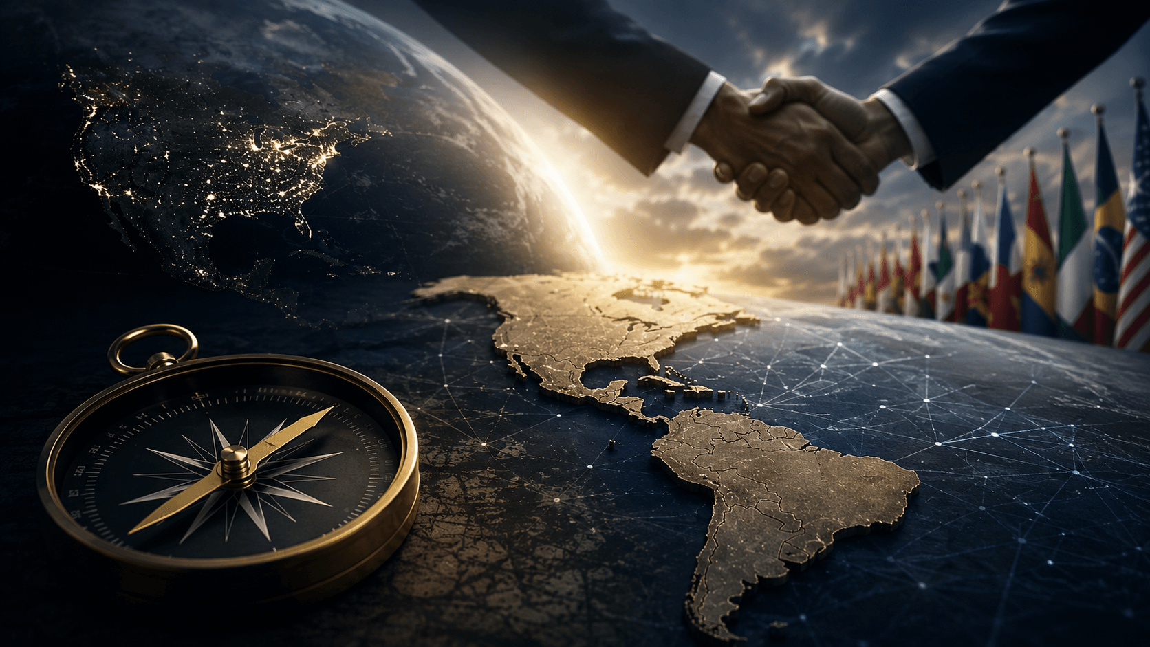 Handshake over a golden map of the Americas, with a compass in the foreground and a row of national flags in the background symbolizing global partnership