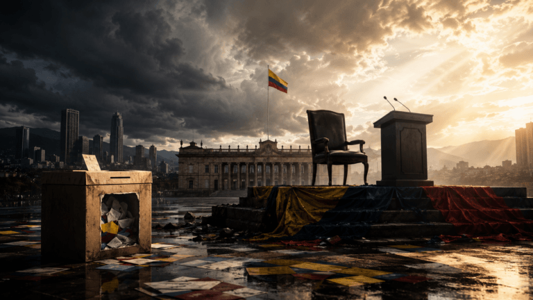 Empty chair beside a podium on a flag-draped stage, with the Colombian flag and a trash box in a wet plaza.