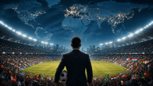 Businessman with a soccer ball overlooking a packed stadium as a glowing world map and connecting lines loom above.