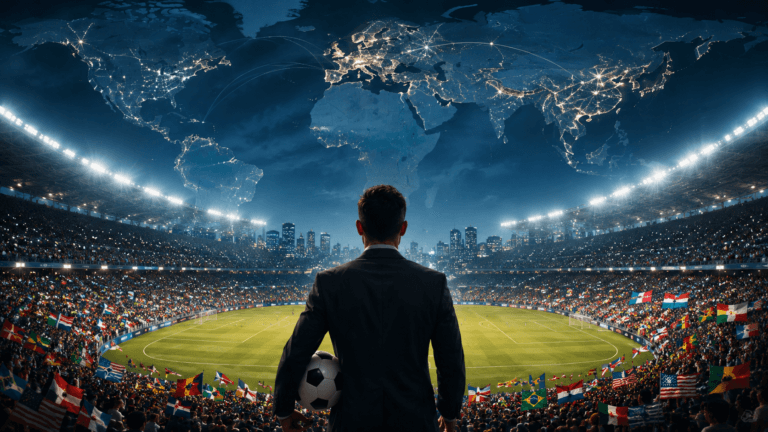 Businessman with a soccer ball overlooking a packed stadium as a glowing world map and connecting lines loom above.