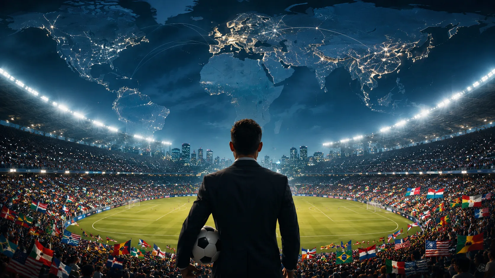 Businessman with a soccer ball overlooking a packed stadium as a glowing world map and connecting lines loom above.