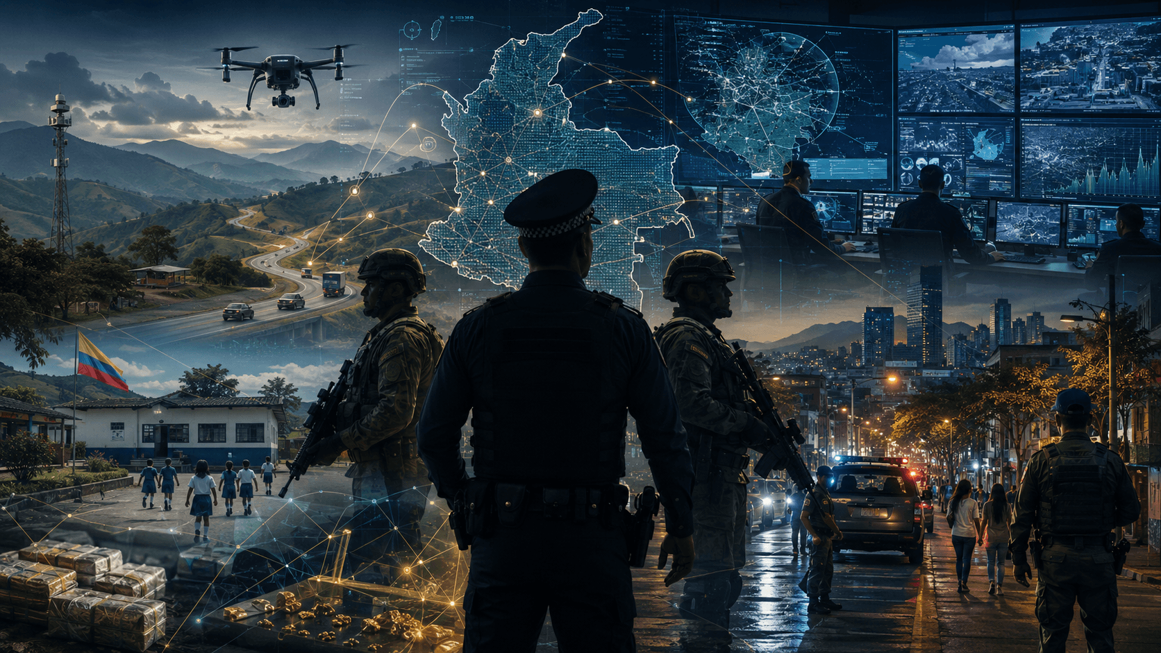 Police commander in body armor stands with soldiers as a glowing map of Colombia and a high-tech command center loom above, with a drone in the sky and a cityscape below.