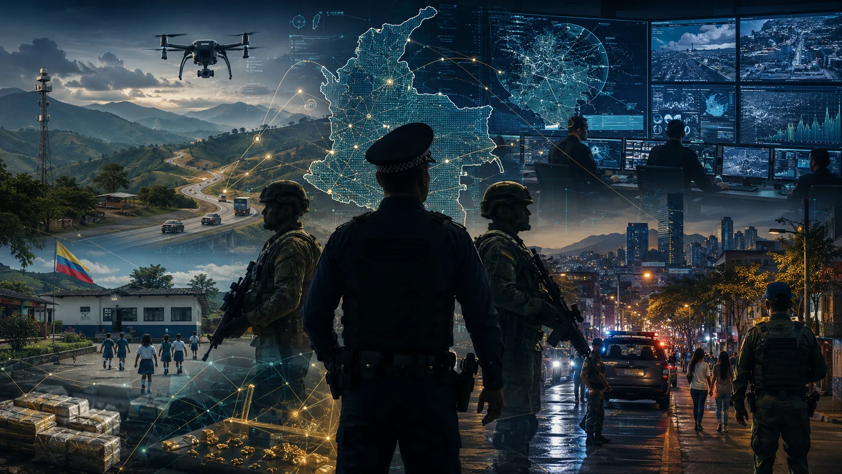 Police commander in body armor stands with soldiers as a glowing map of Colombia and a high-tech command center loom above, with a drone in the sky and a cityscape below.
