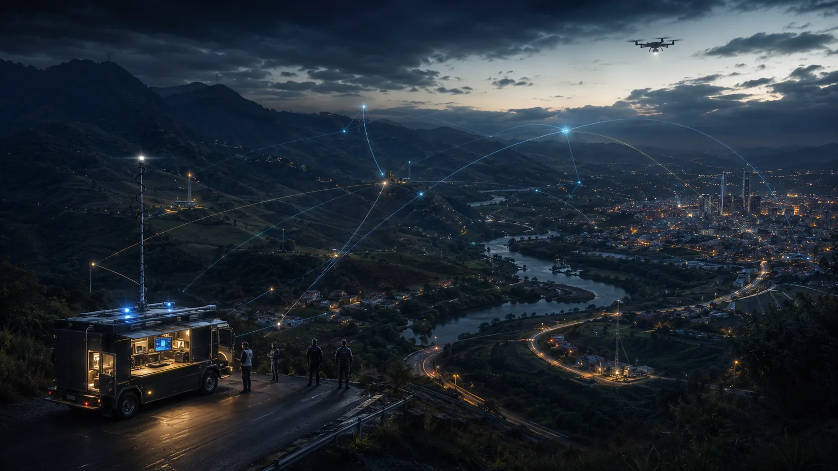 Night scene with a mobile command truck on a hill at dusk, a drone overhead, and blue network lines linking towers across a valley to a distant city.