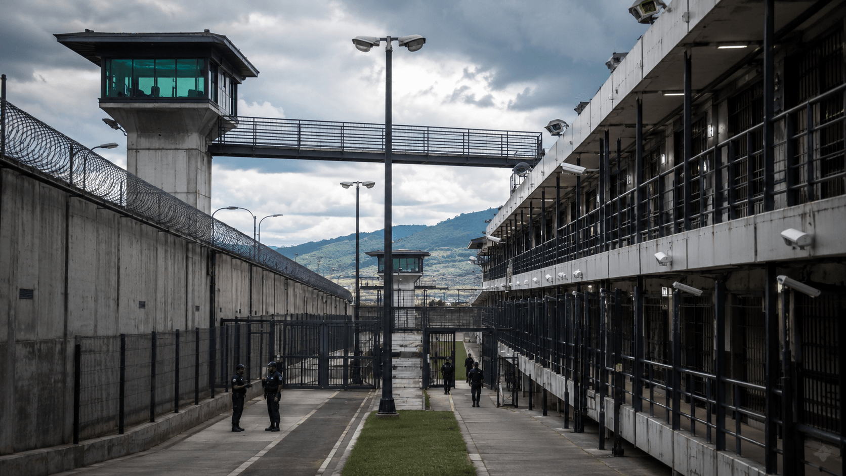 Prison yard with concrete walls, barbed fencing, guard towers, and officers patrolling the walkway.