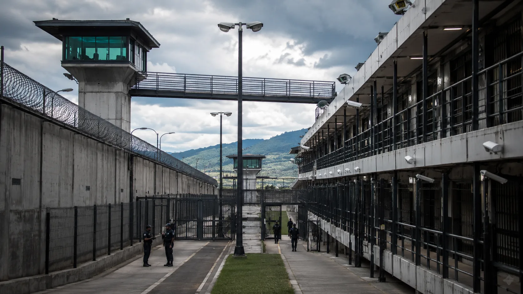 Prison yard with concrete walls, barbed fencing, guard towers, and officers patrolling the walkway.