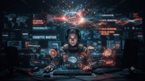Person in combat gear with a headset sits at a desk, surrounded by glowing holographic data displays about cognitive warfare and misinformation.