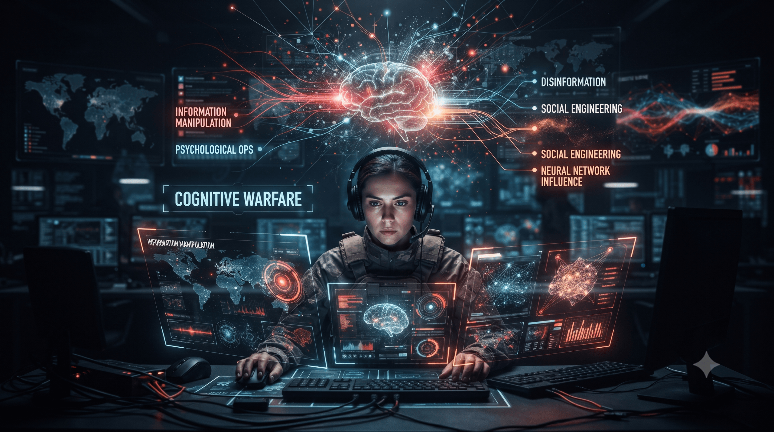 Person in combat gear with a headset sits at a desk, surrounded by glowing holographic data displays about cognitive warfare and misinformation.