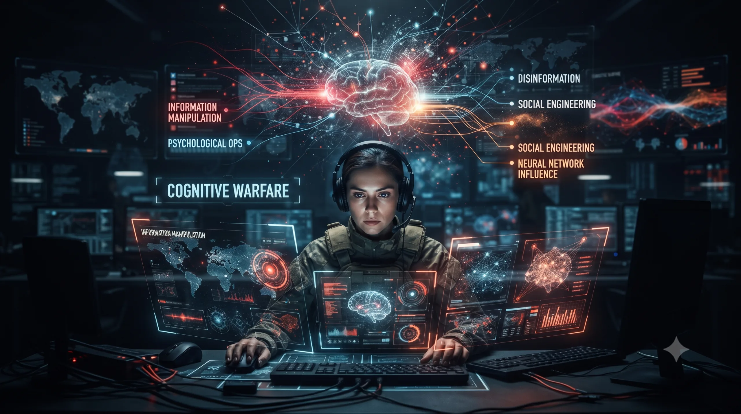 Person in combat gear with a headset sits at a desk, surrounded by glowing holographic data displays about cognitive warfare and misinformation.