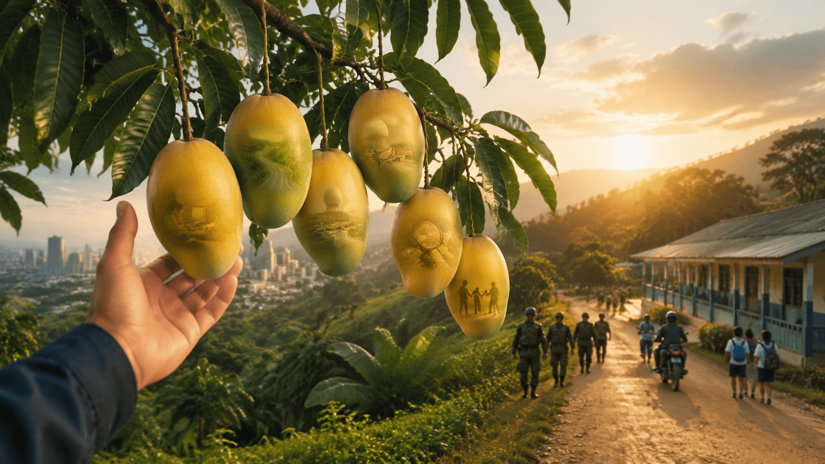 Hand reaching to pick ripe mangoes on a tree at sunset, with a distant city and people reflected on the fruit skins.