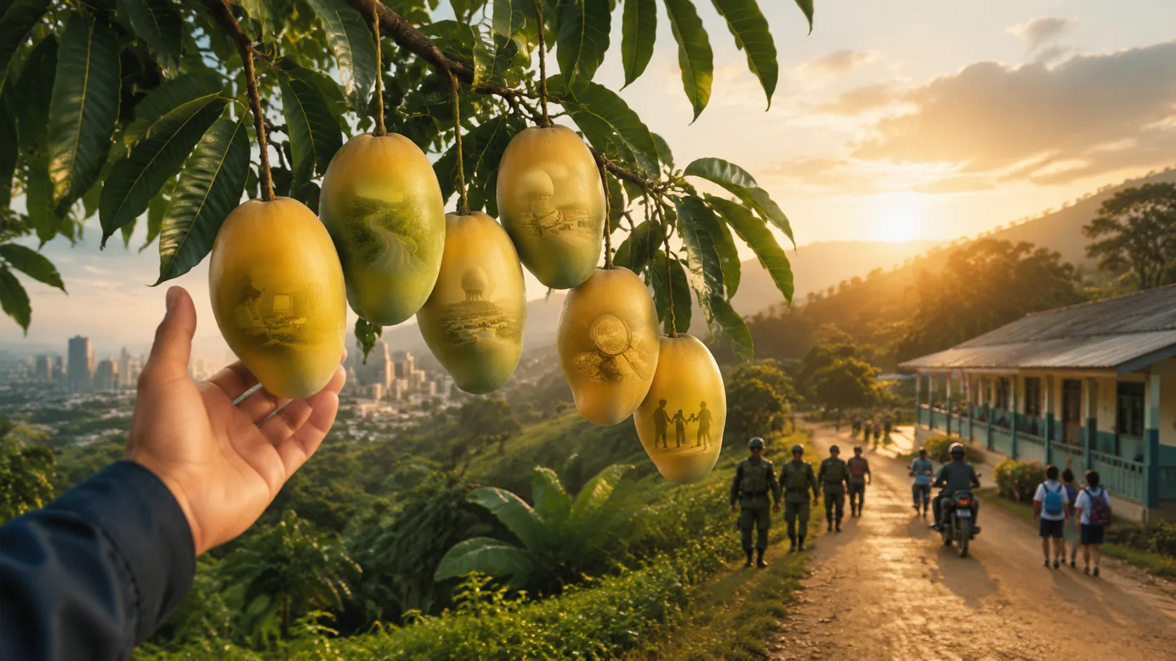 Hand reaching to pick ripe mangoes on a tree at sunset, with a distant city and people reflected on the fruit skins.