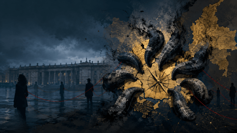 Surreal collage: a glowing compass on a cracked map, surrounded by black tentacles, set in a moody urban square with people holding red ropes.